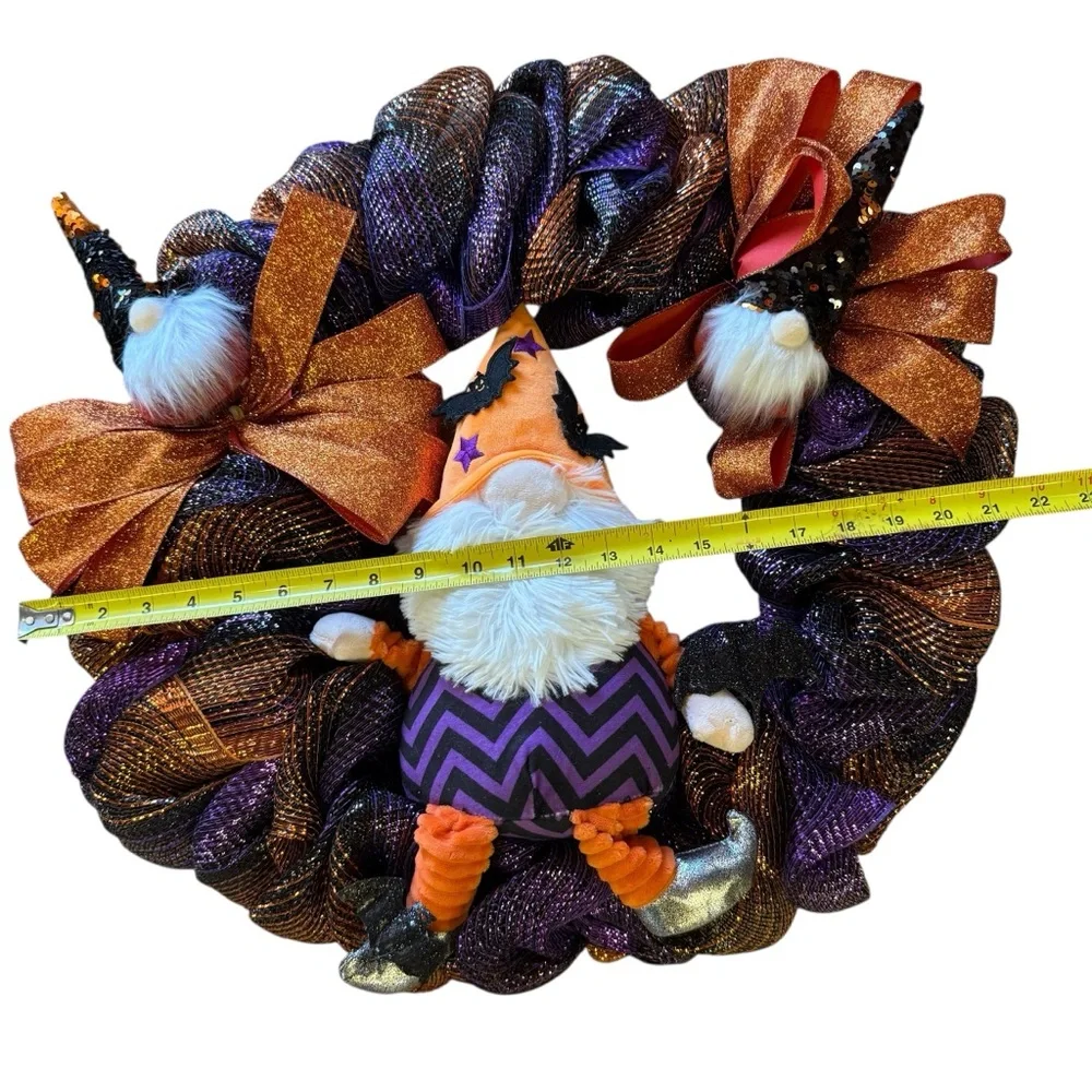 Halloween Mesh Wreath with Gnomes – Purple, Orange & Black Ribbon – 22″